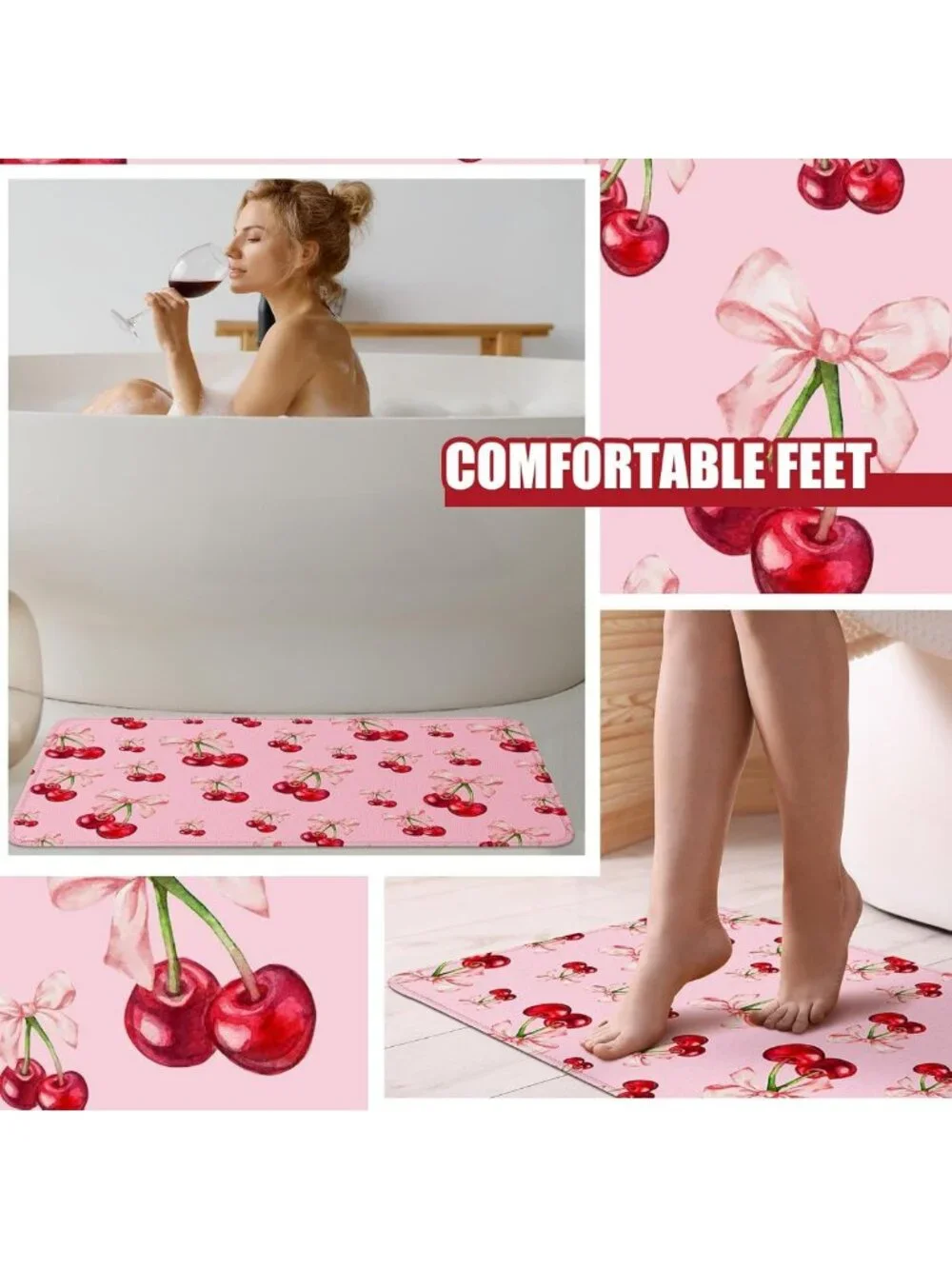 4 Pcs Pink Bow Cherry Shower Curtain Set - Aesthetic Bathroom Decor with Rugs
